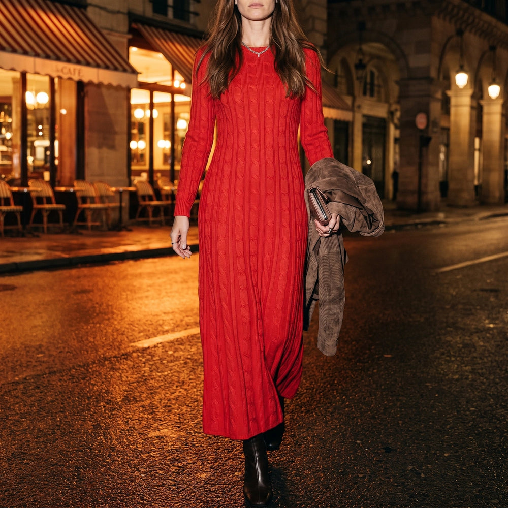 Clementine Cable Knit Maxi Sweater Dress - Red