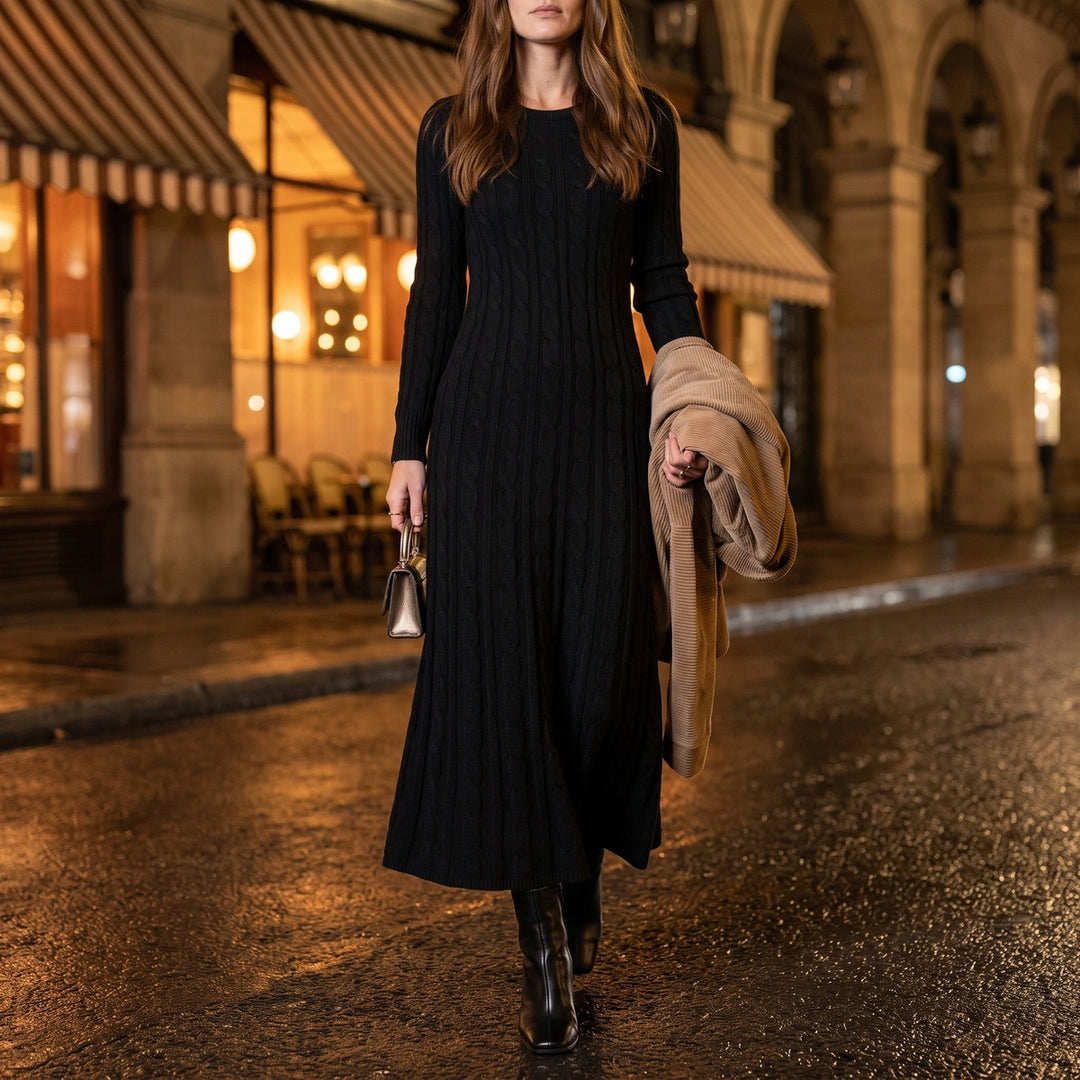 Clementine Cable Knit Maxi Sweater Dress - Black