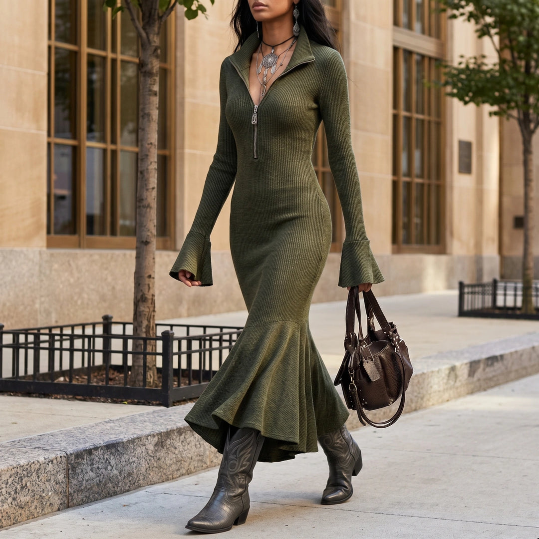 Louisa Ribbed Knit Zip Collar Dress - Army Green
