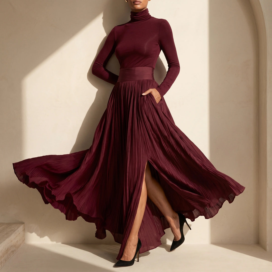 Margaux Turtleneck Pleated Maxi Dress - Burgundy