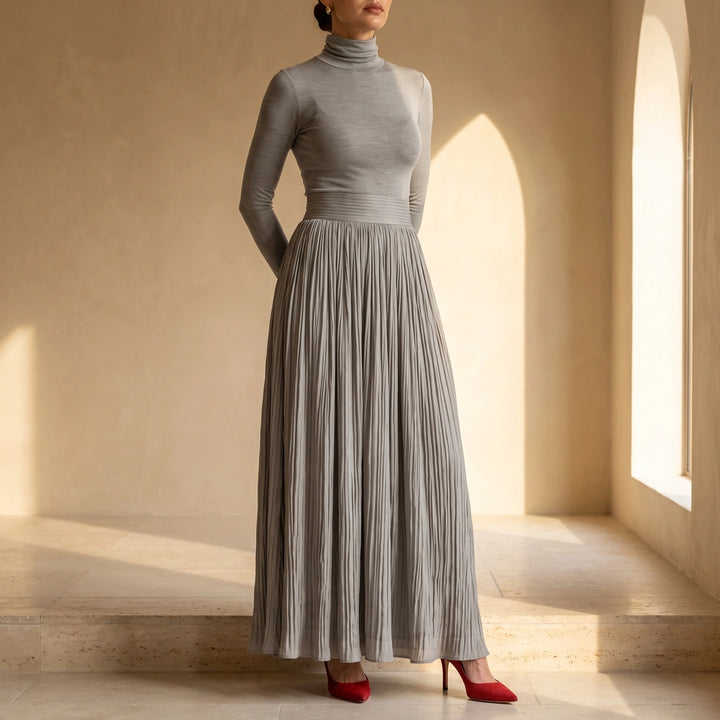 Margaux Turtleneck Pleated Maxi Dress - Gray