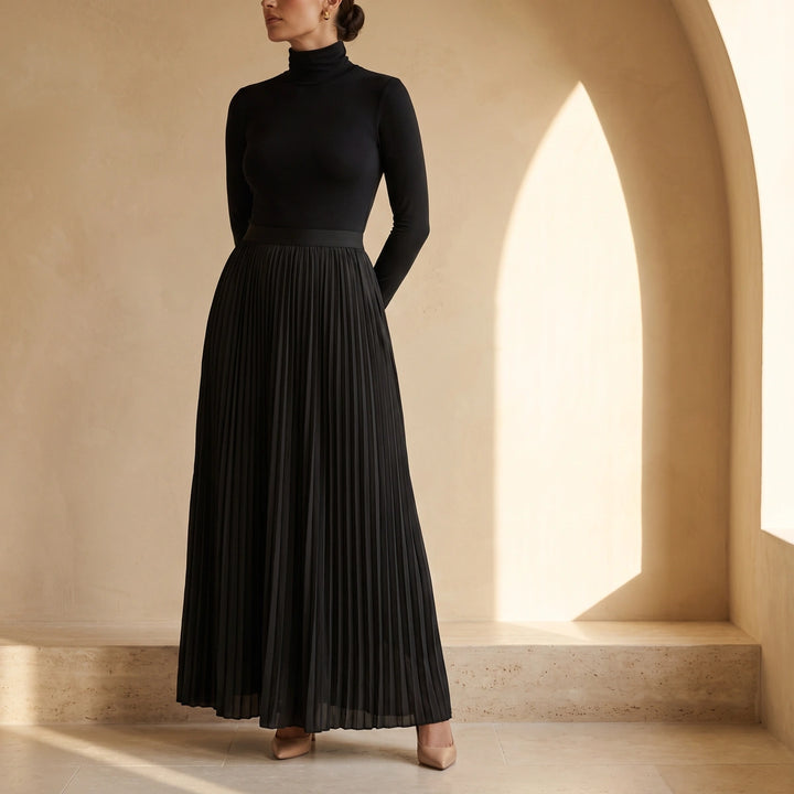 Margaux Turtleneck Pleated Maxi Dress - Black