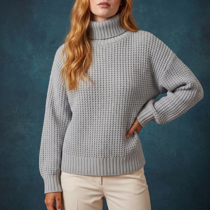 Antonia Waffle Knit Turtleneck Sweater - Gray
