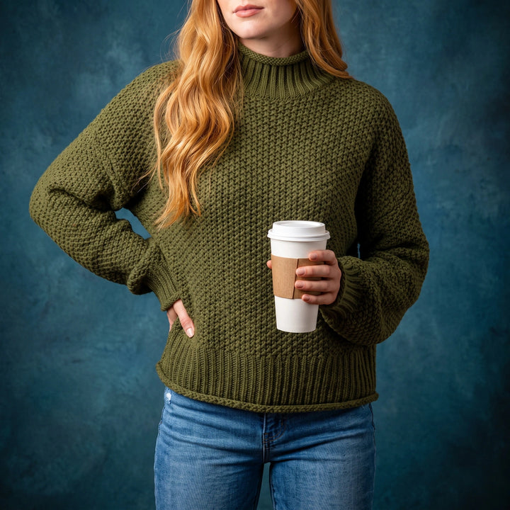 Antonia Waffle Knit Turtleneck Sweater - Army Green