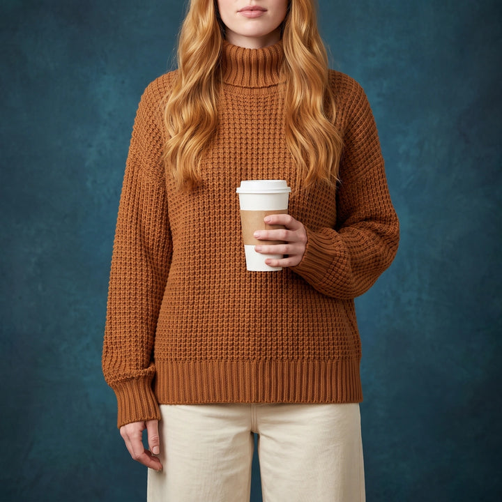 Antonia Waffle Knit Turtleneck Sweater - Brown