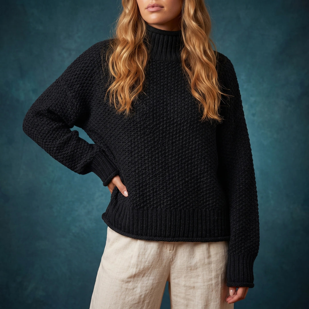 Antonia Waffle Knit Turtleneck Sweater - Black