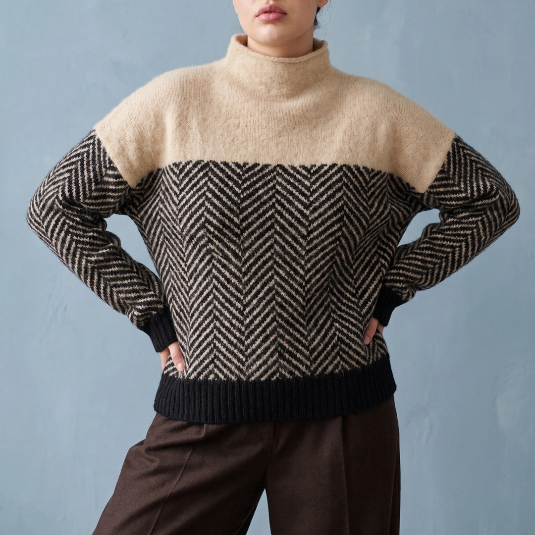 Adela Two Tone Herringbone Knit Mock Neck Sweater - Camel