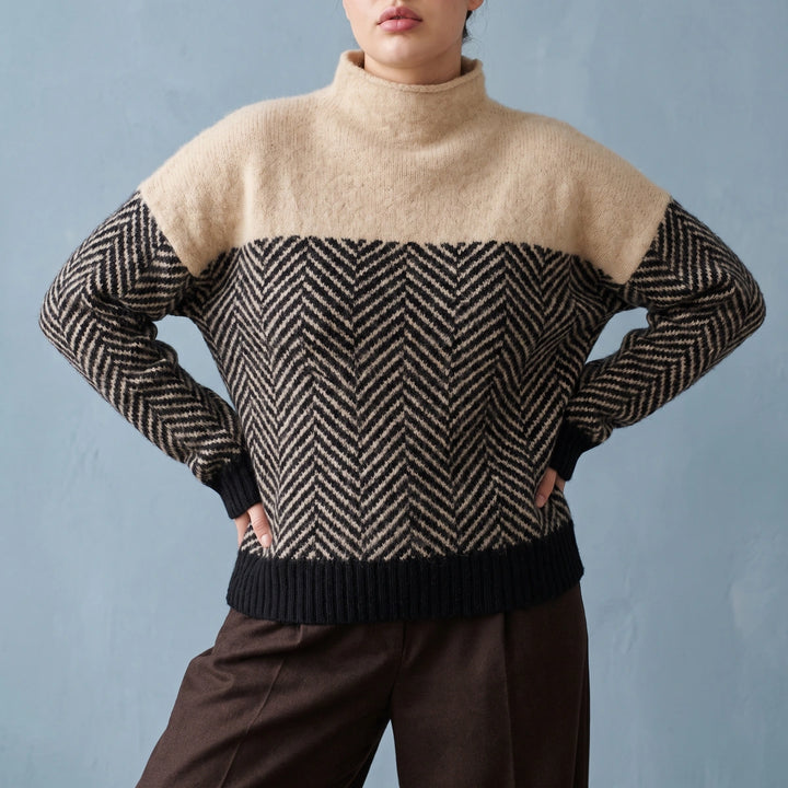 Adela Two Tone Herringbone Knit Mock Neck Sweater - Camel