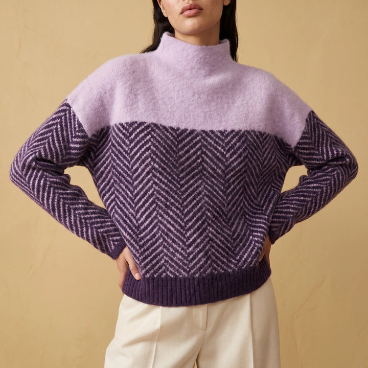 Adela Two Tone Herringbone Knit Mock Neck Sweater - Lavender