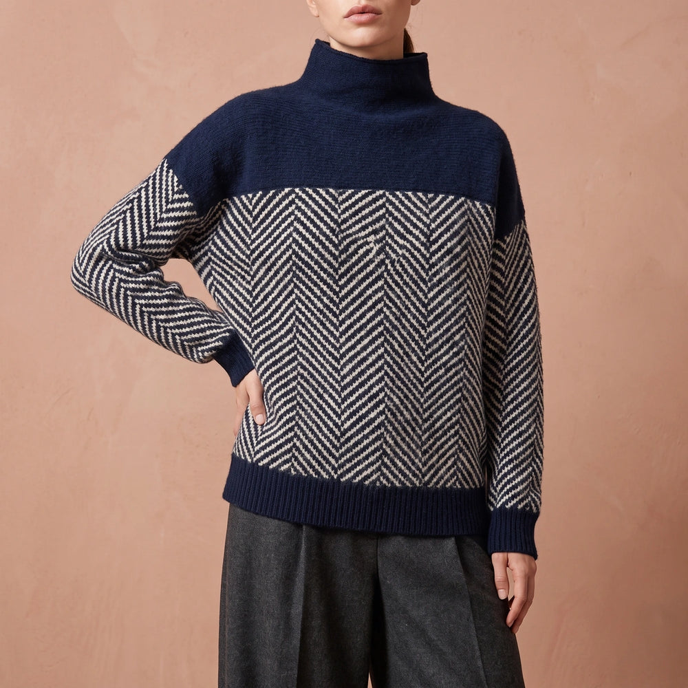 Adela Two Tone Herringbone Knit Mock Neck Sweater - Navy