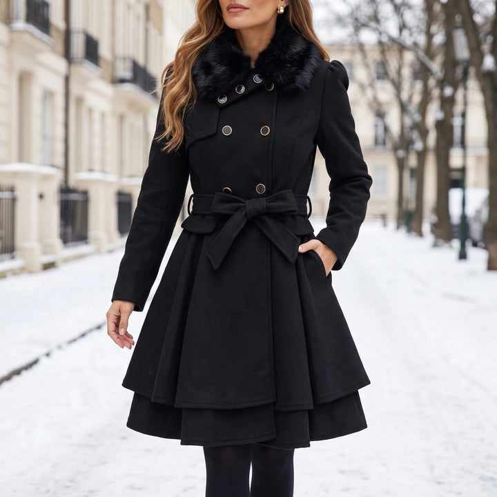 Albertine Fur Collar Tiered Peplum Wool Coat - Black