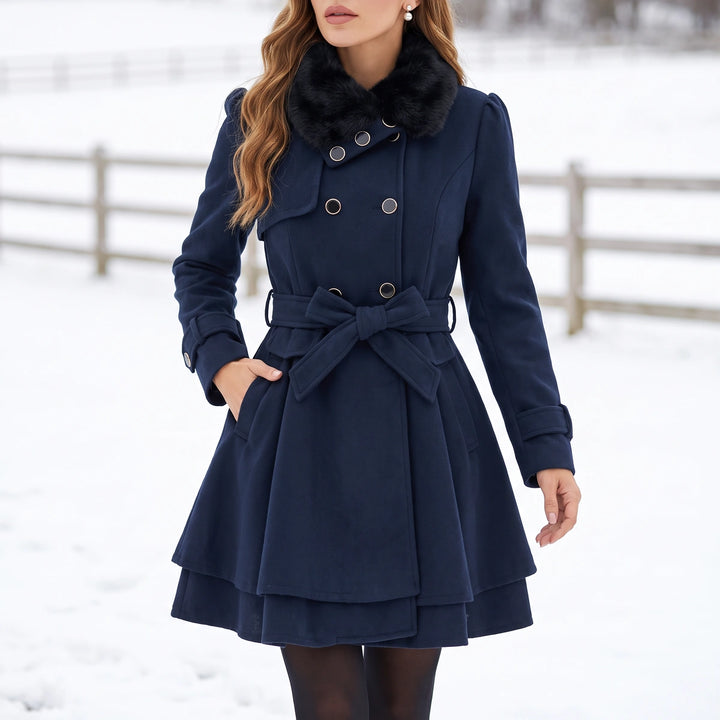 Albertine Fur Collar Tiered Peplum Wool Coat - Navy Blue