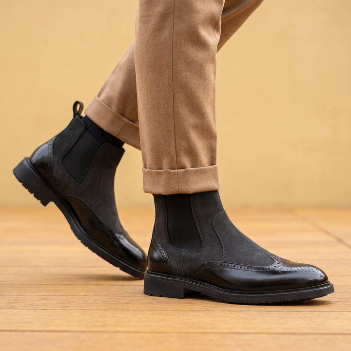 Albrecht Suede Brogue Wingtip Chelsea Boots - Black