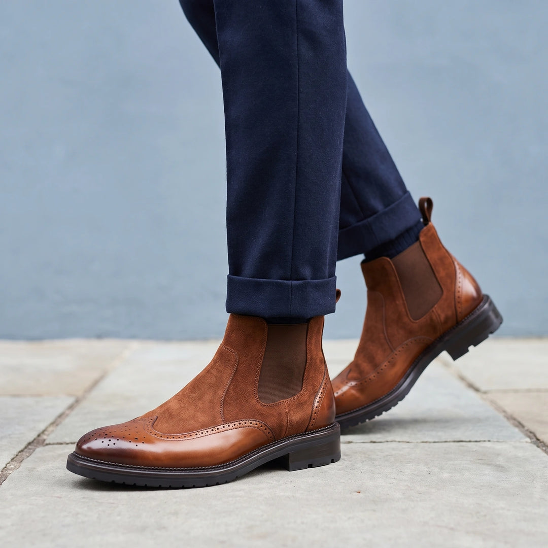 Albrecht Suede Brogue Wingtip Chelsea Boots - Brown