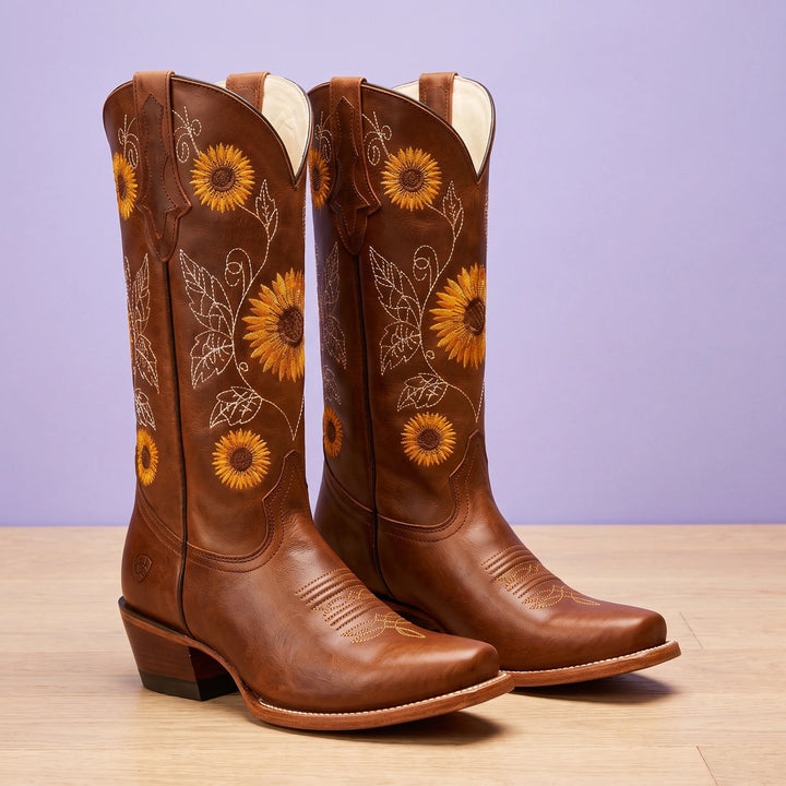 Alessandra Sunflower Embroidered Western Boots - Brown
