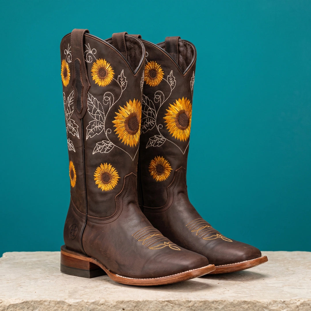 Alessandra Sunflower Embroidered Western Boots - Dark Brown