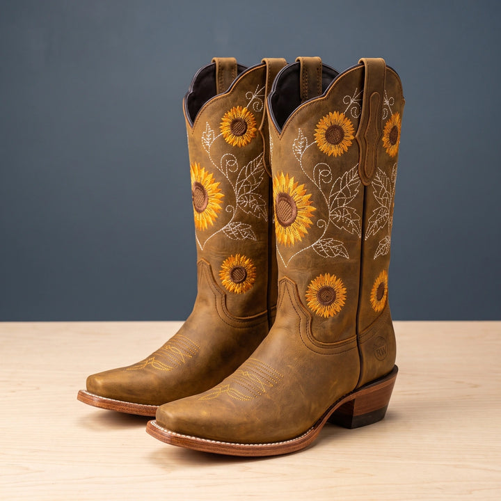 Alessandra Sunflower Embroidered Western Boots - Khaki
