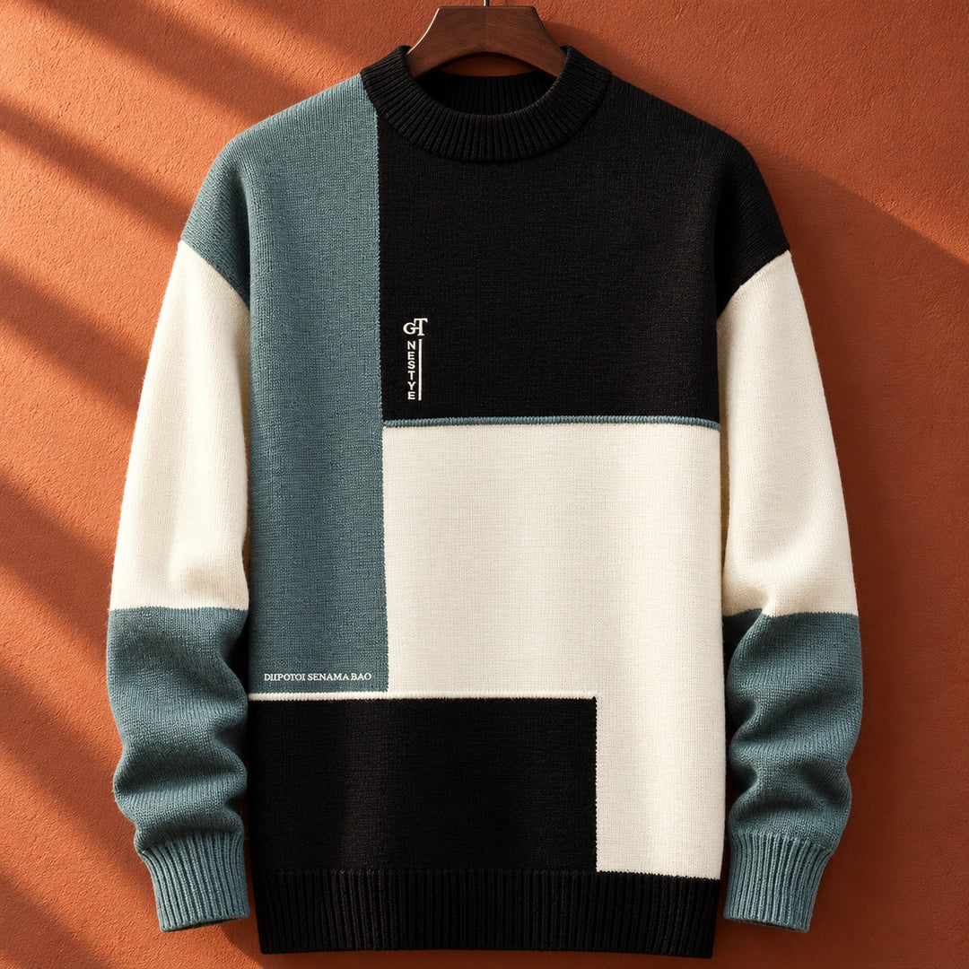 Alfred Knit Colorblock Panel Crew Neck Sweater - Black