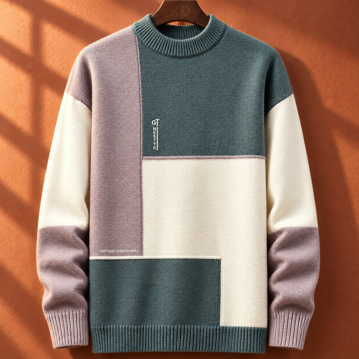 Alfred Knit Colorblock Panel Crew Neck Sweater - Green