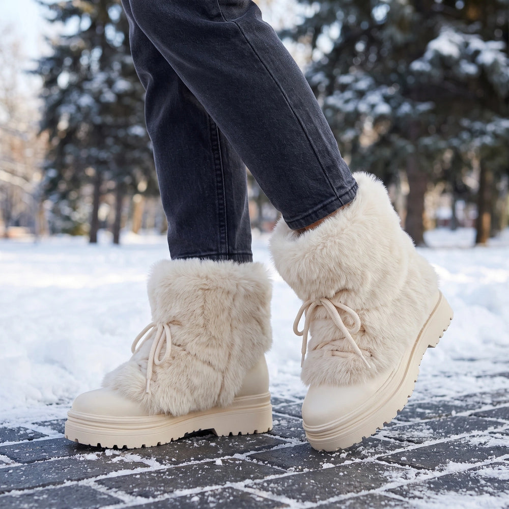 Alinta Faux Fur Cuff Lace Up Insulated Platform Boots - Beige