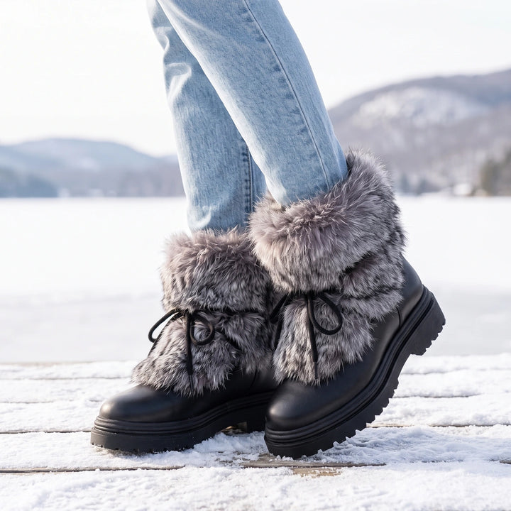 Alinta Faux Fur Cuff Lace Up Insulated Platform Boots - Black