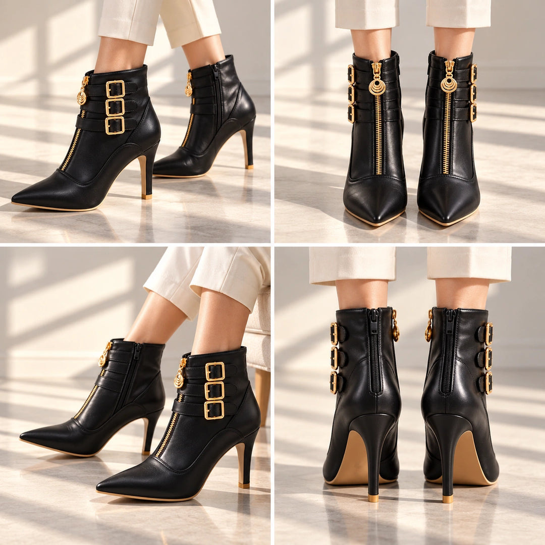 Allison Triple Buckle Charm Zip Stiletto Ankle Boots - Black