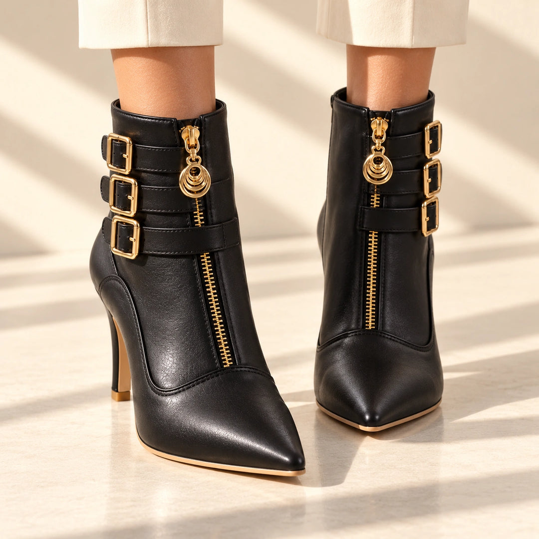 Allison Triple Buckle Charm Zip Stiletto Ankle Boots - Black