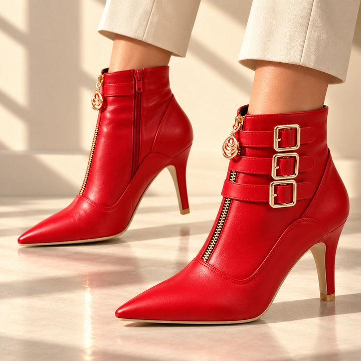 Allison Triple Buckle Charm Zip Stiletto Ankle Boots - Red