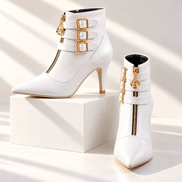 Allison Triple Buckle Charm Zip Stiletto Ankle Boots - White