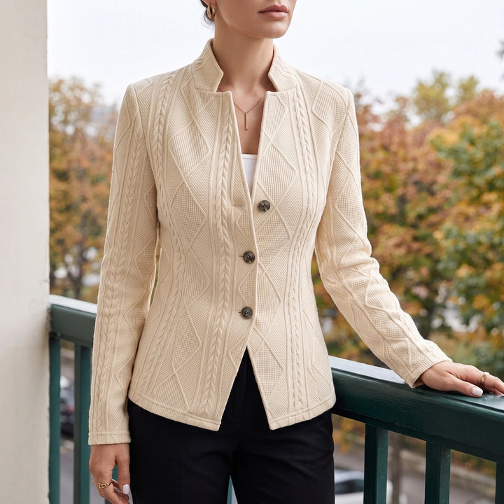 Amabel Cable Textured Knit Stand Collar Blazer - Khaki