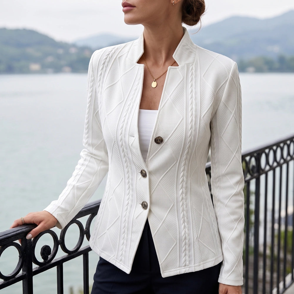 Amabel Cable Textured Knit Stand Collar Blazer - White
