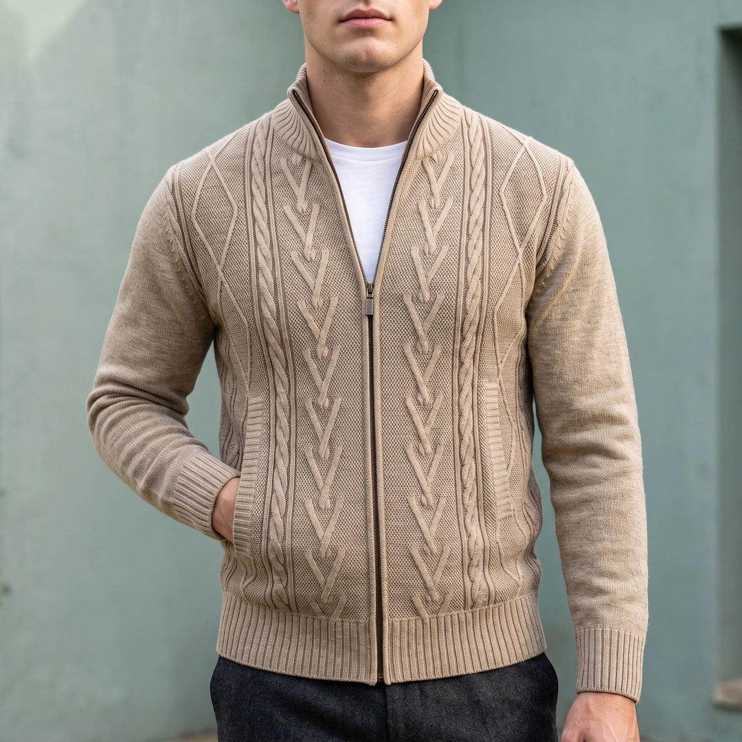 Ambrogio Diamond Cable Knit Zip Front Cardigan - Beige