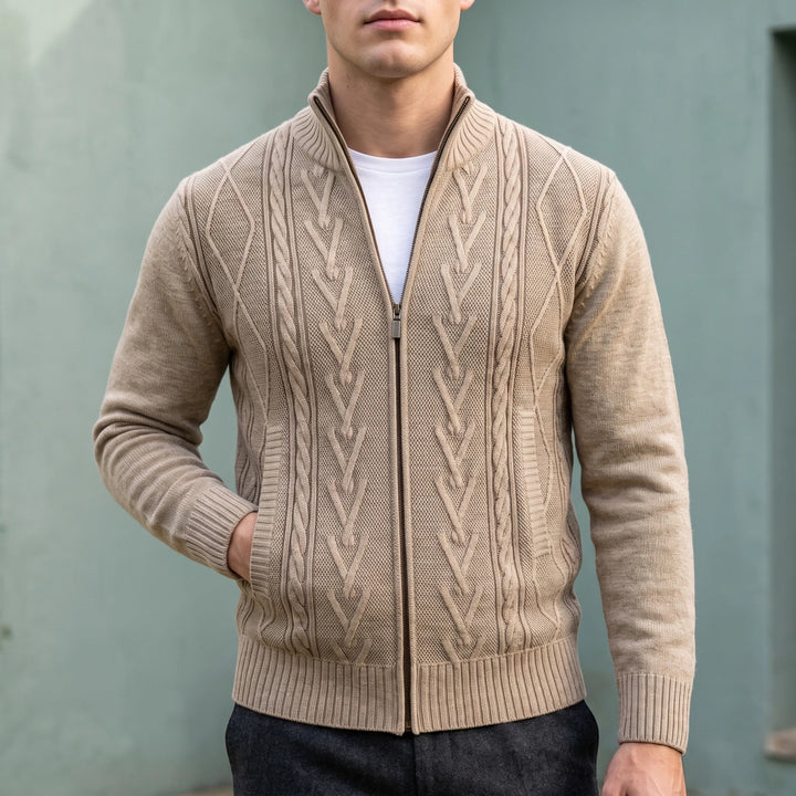 Ambrogio Diamond Cable Knit Zip Front Cardigan - Beige