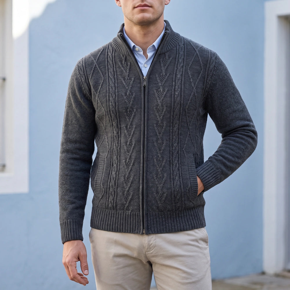 Ambrogio Diamond Cable Knit Zip Front Cardigan - Dark Gray