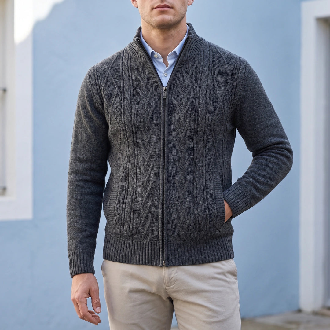 Ambrogio Diamond Cable Knit Zip Front Cardigan - Dark Gray