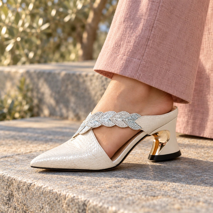 Angelina Croc Embossed Crystal Strap Mules - White