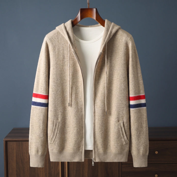 Antoine Cashmere Striped Sleeve Zip Hooded Cardigan - Beige
