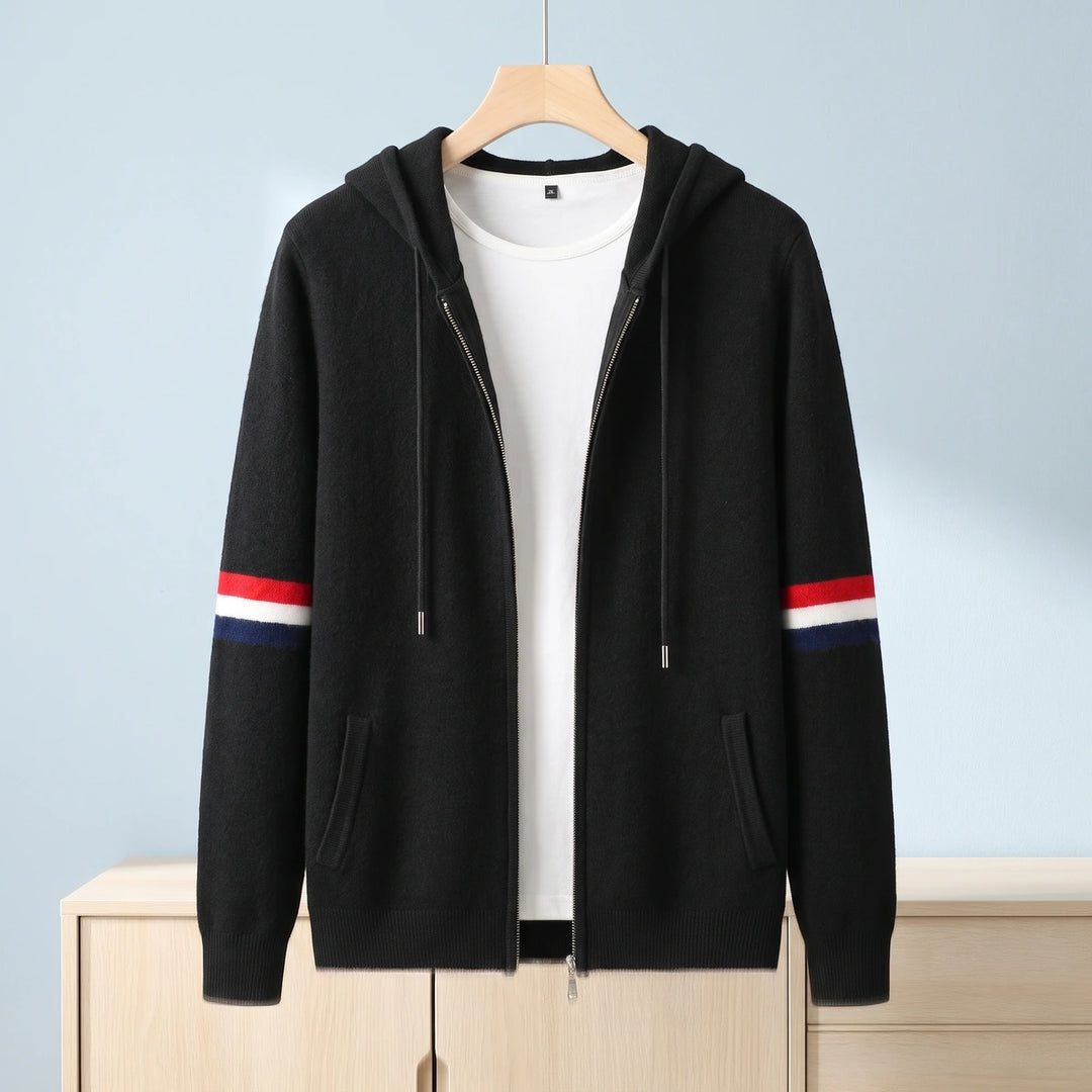 Antoine Cashmere Striped Sleeve Zip Hooded Cardigan - Black