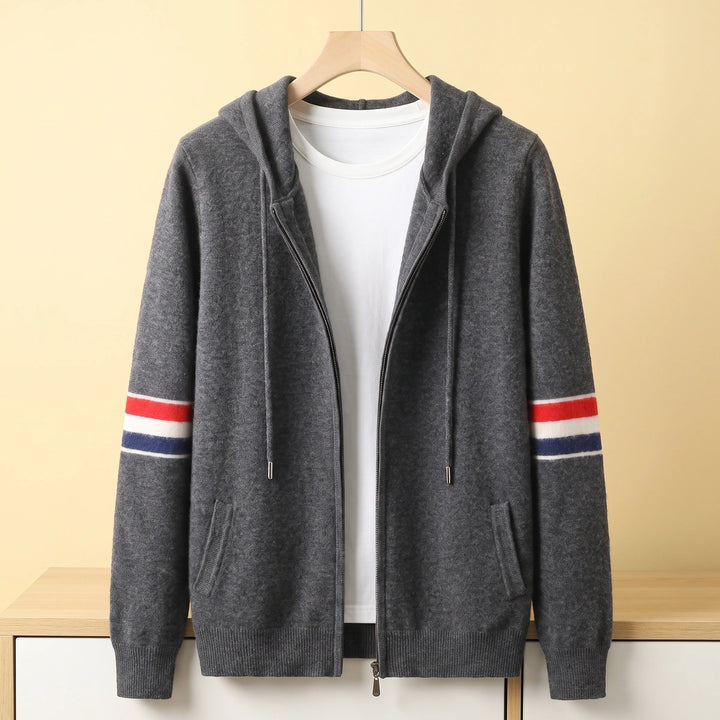Antoine Cashmere Striped Sleeve Zip Hooded Cardigan - Dark Gray