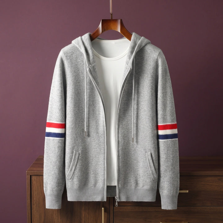 Antoine Cashmere Striped Sleeve Zip Hooded Cardigan - Gray