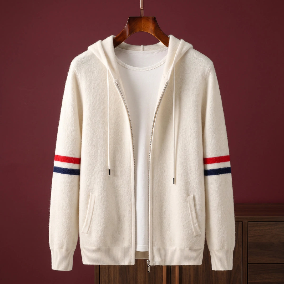 Antoine Cashmere Striped Sleeve Zip Hooded Cardigan - Off White