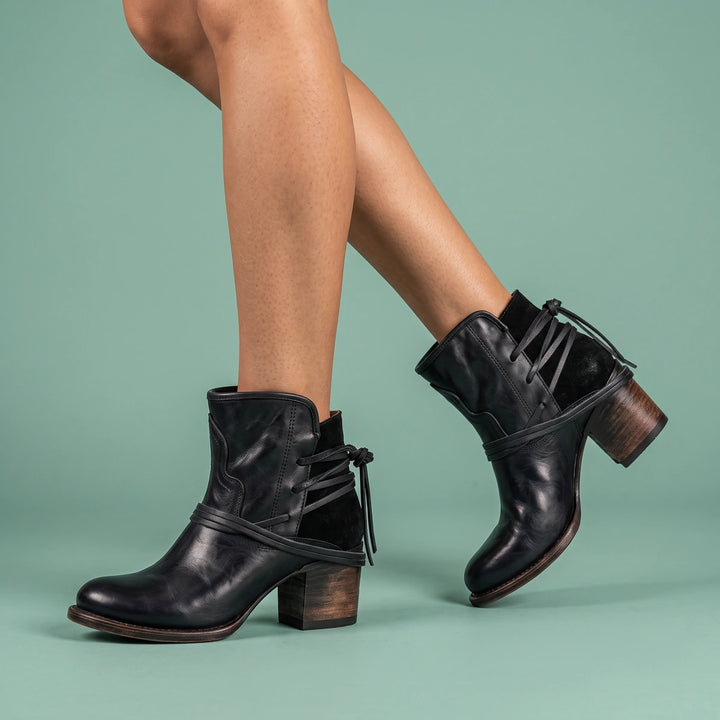 Antonella Ankle Wrap Cord Block Heel Booties - Black