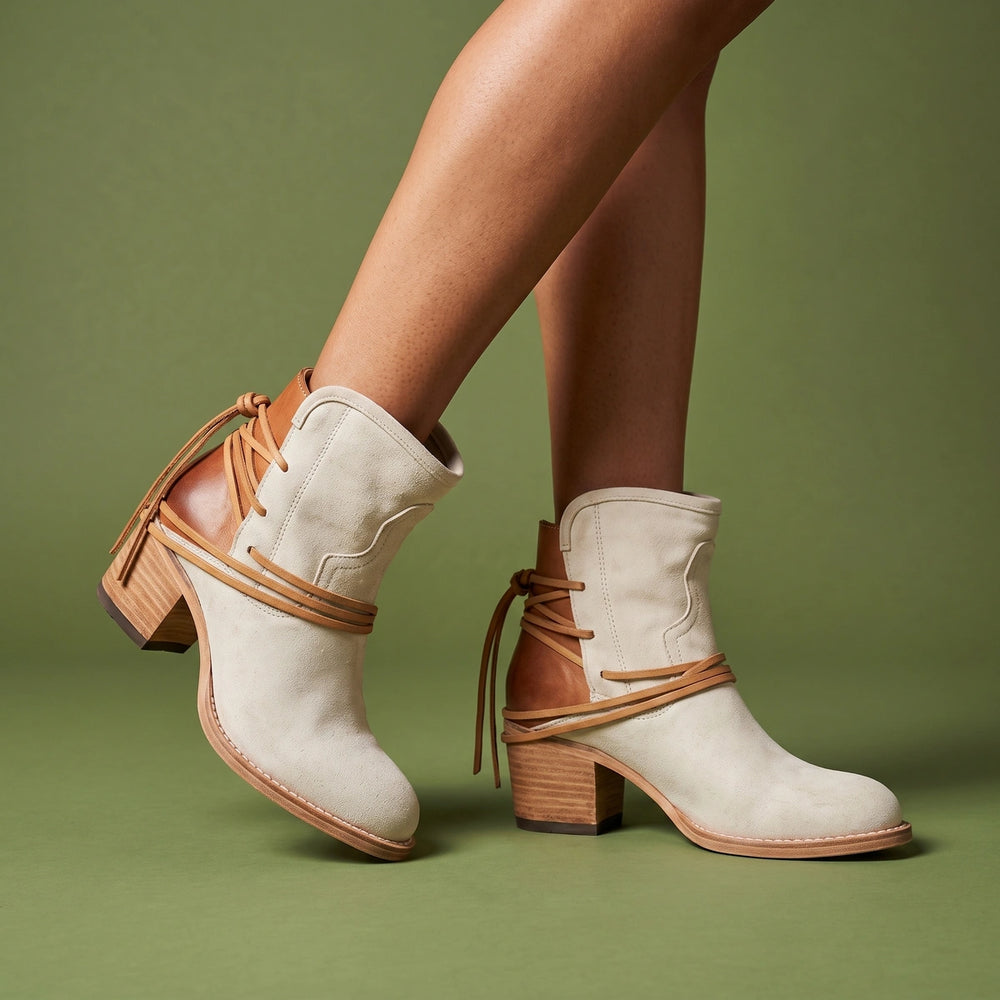 Antonella Ankle Wrap Cord Block Heel Booties - White