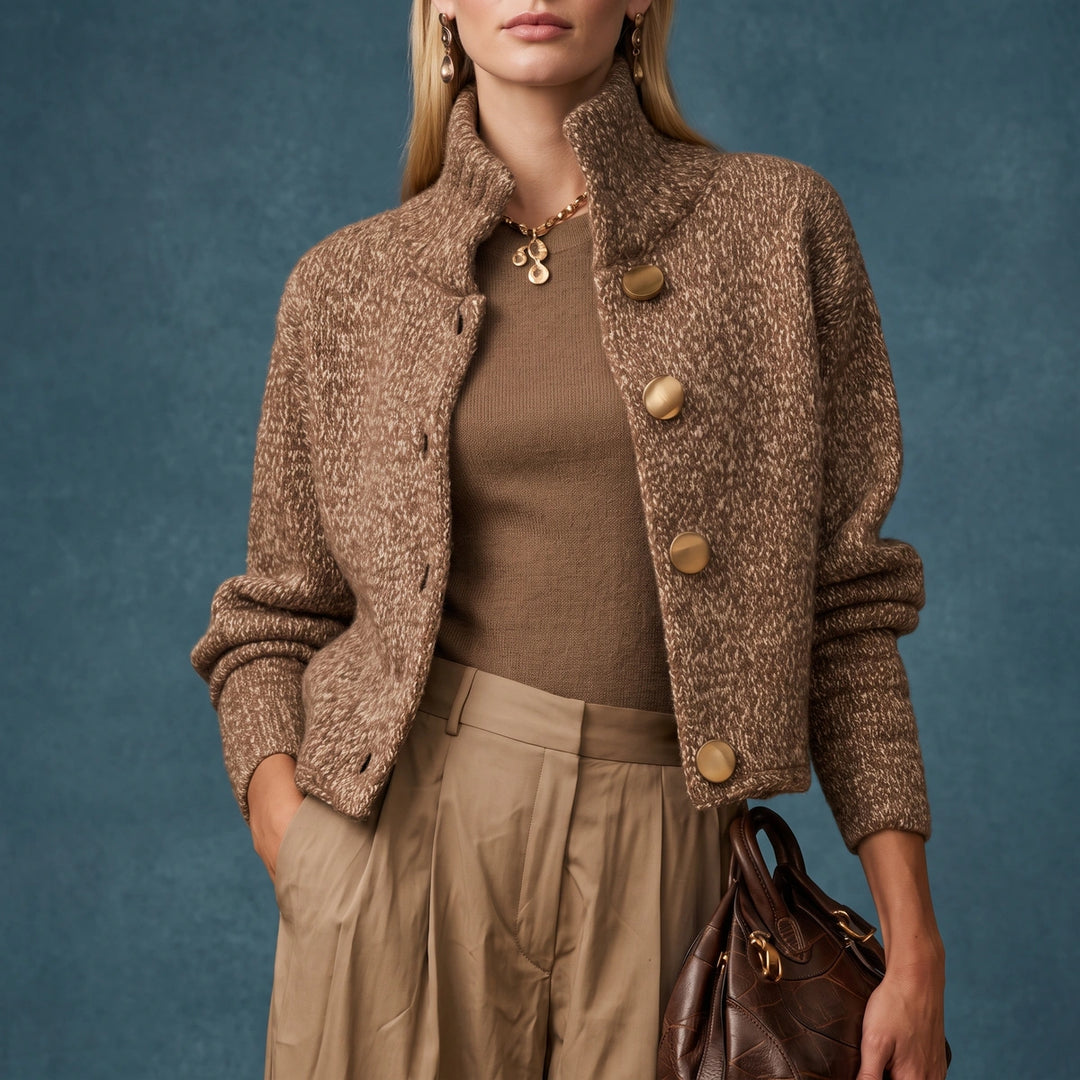 Anwen Marled Knit Stand Collar Button Jacket - Brown