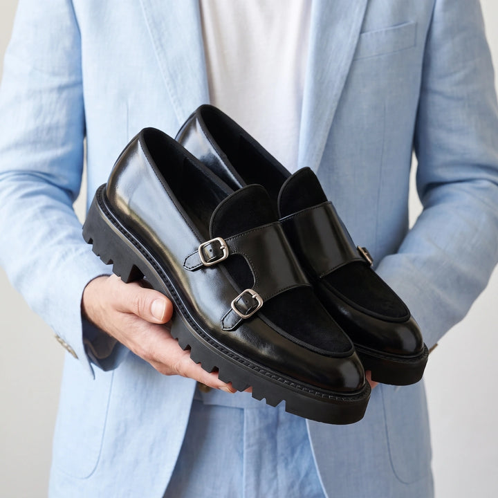 Archibald Double Buckle Suede Vamp Lug Sole Loafers - Black