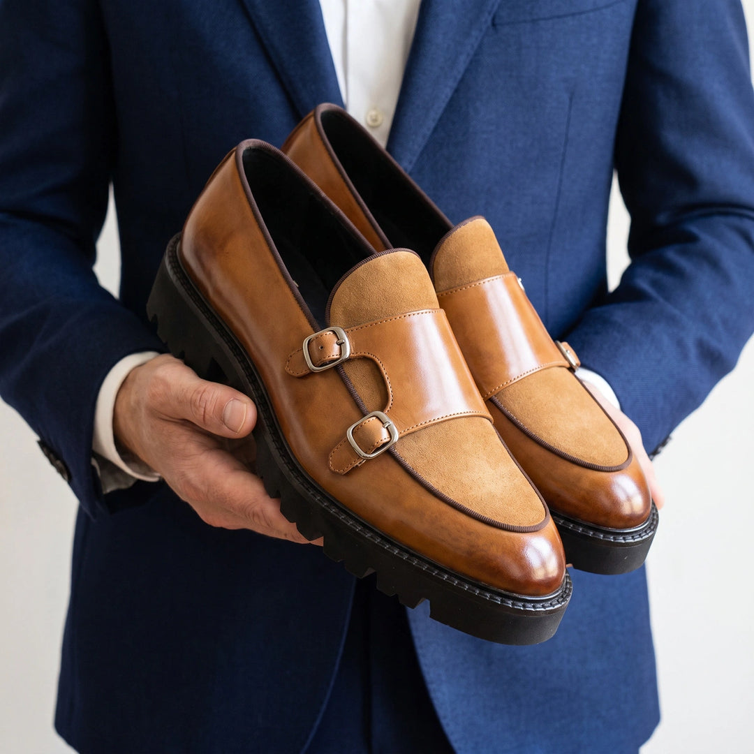 Archibald Double Buckle Suede Vamp Lug Sole Loafers - Brown