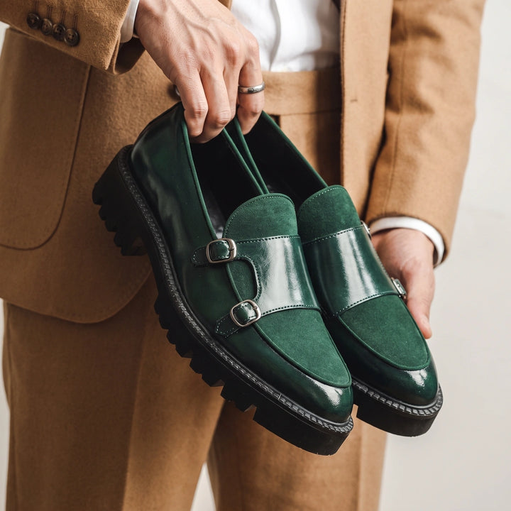Archibald Double Buckle Suede Vamp Lug Sole Loafers - Green