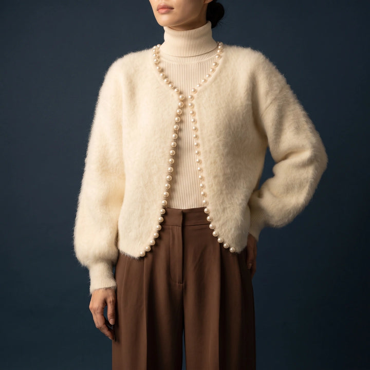 Ariadne Cashmere Pearl Edge Cropped Cardigan - Beige