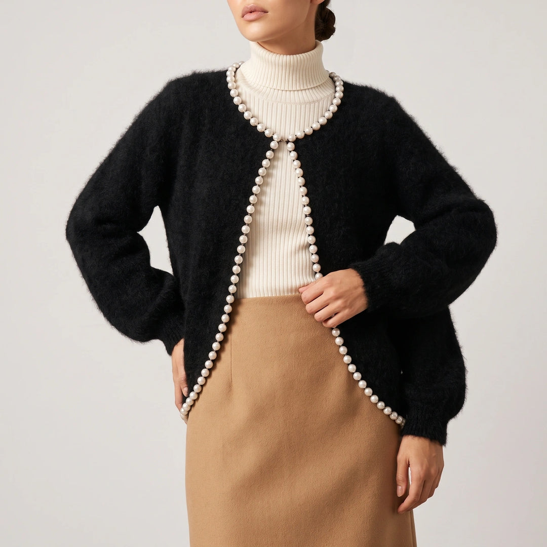 Ariadne Cashmere Pearl Edge Cropped Cardigan - Black