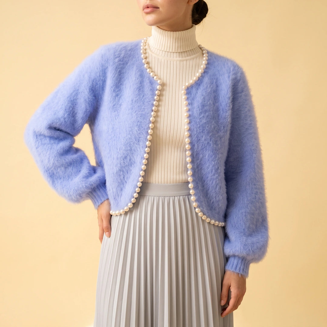 Ariadne Cashmere Pearl Edge Cropped Cardigan - Blue